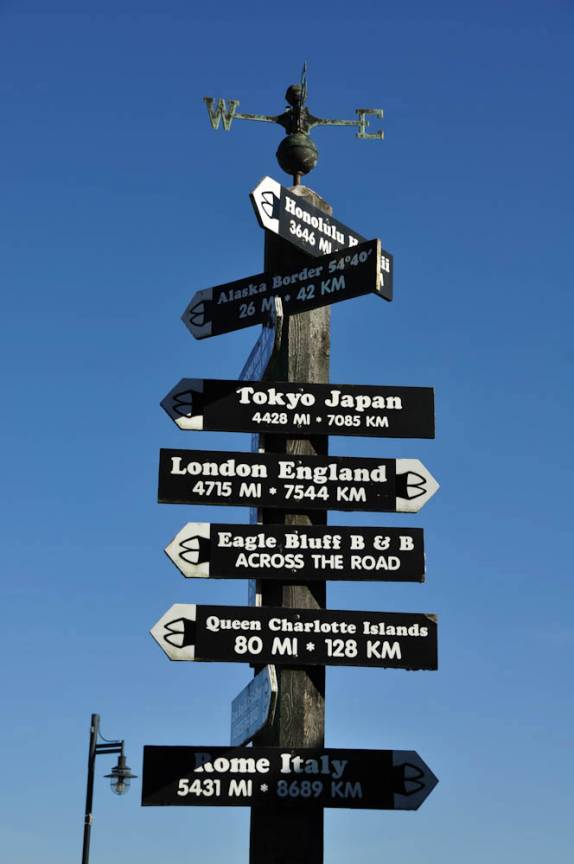 Placas de distância em Prince Rupert, na British Columbia, oeste do Canadá